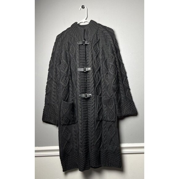 Women's Long Cardigan Cable Knit Casual Open Front Buckle Dark Grey Size Medium - Picture 1 of 6
